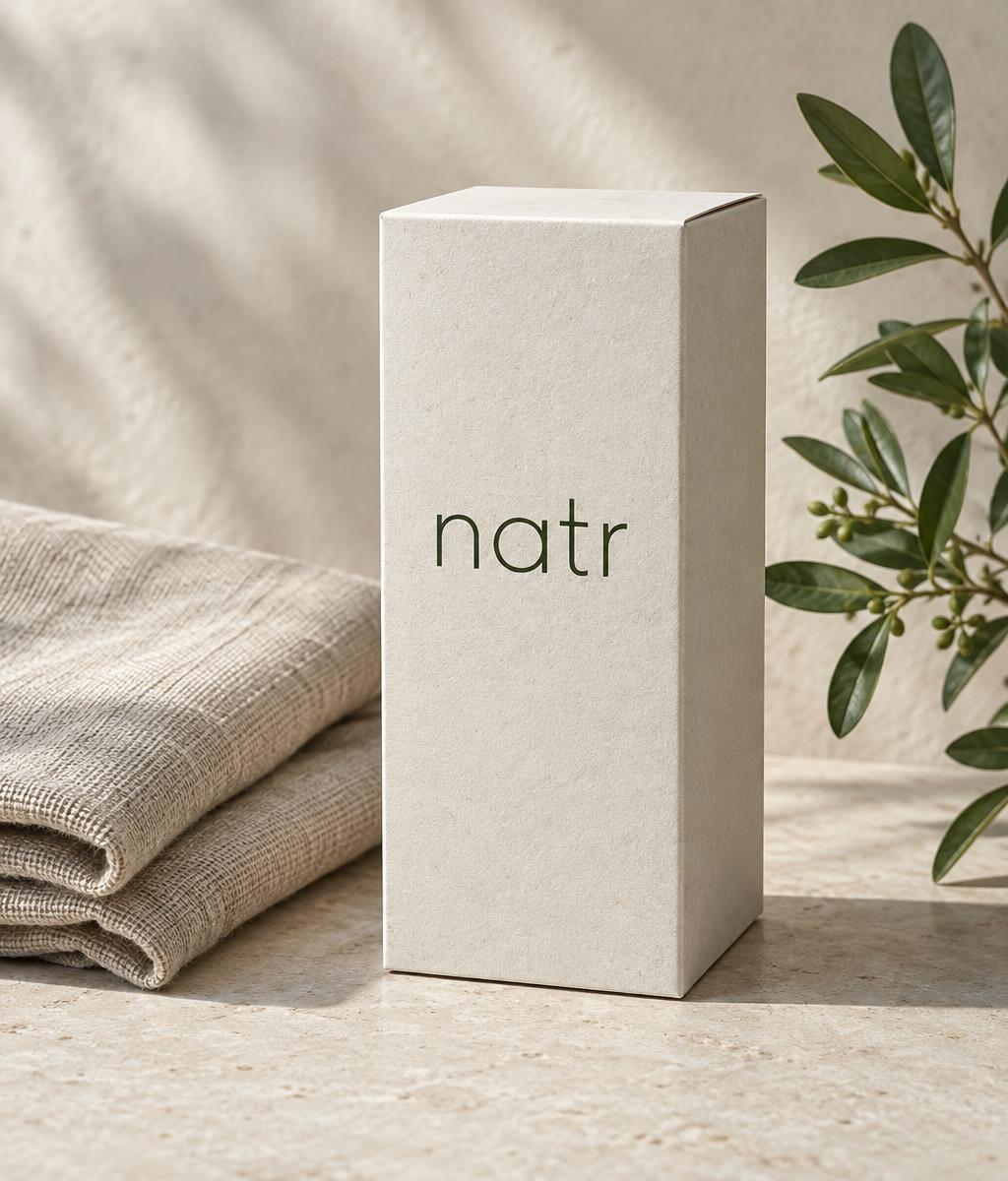 Illustrative natr packaging concept with a paper box and natural linen